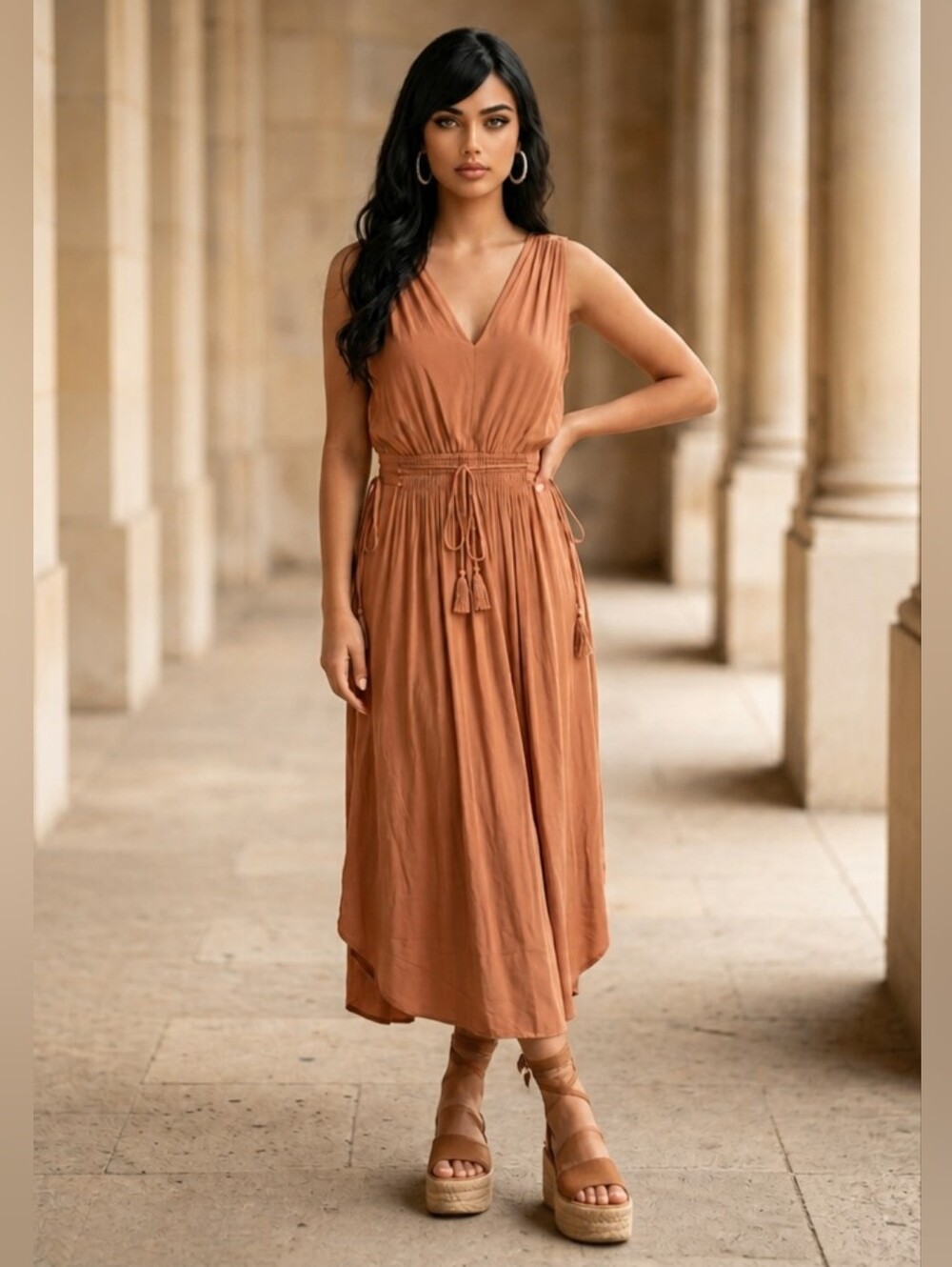 Tahari Greek Goddess Ruched Dress in Terracotta Size S
